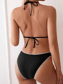 Swim Basics Women's Contrast Trim Halter Bikini Set & Bikini Set For Beach Holiday Summer Beach - Black - View 2