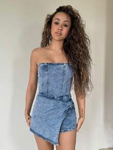 RebeccaVibe 女士休闲水洗抹胸牛仔连体裤 - 藍色 - 查看 5