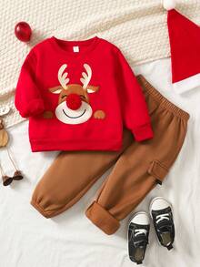 SHEIN 2件套男童休闲可爱卡通小鹿刺绣图案保暖内衬圆领卫衣和抽绳长裤针织套装，适合上学、花园、圣诞节、新年等各种场合，四季皆宜。 - 紅色 - 查看 4