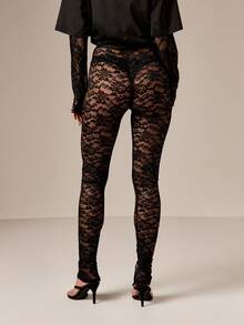 AiiRZ Lace Leggings With Ruched Hem Detail And Side Split For Evening Wear - Black - View 2