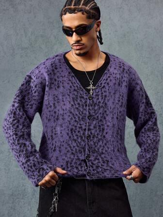 Street Life Men's Leopard Jacquard Long Sleeve Single-Breasted Knit Cardigan