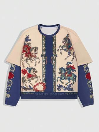 Goth Maglietta a maniche lunghe da uomo con stampa cavaliere e colori a contrasto in stile patchwork