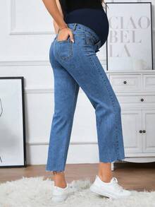 SHEIN 孕妇蓝色直筒时尚百搭休闲七分裤 - 中等水洗藍 - 查看 2