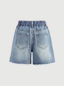 SHEIN Girlism Tween Mädchen Frühlings- und Sommer Distressed Y2K Boho Kirsch-Stickerei zerrissene blaue Denim Shorts Bermuda Frühlings-/Sommer Alltagskleidung Streetwear Strand, Geburtstage Lässig Jeans, Urlaub, Valentinstag, Grafik Jeans Shorts, 2000er Bermuda, Sommer - Mittele Waschung - Übersicht 3
