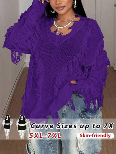  SHEIN CURVE+ Plus Size Women's Y2k Solid Color V-Neck Tattered Long-Sleeved Sweater,Autumn,Solid Color, Purple,Red,  Design Sense, Loose And Casual, Christmas,Party,Halloween, Punk,  Women's Daily Commuting Top, Autumn , Spice Girl Knitted Sweater,Winter,Summer,Spring/Fall