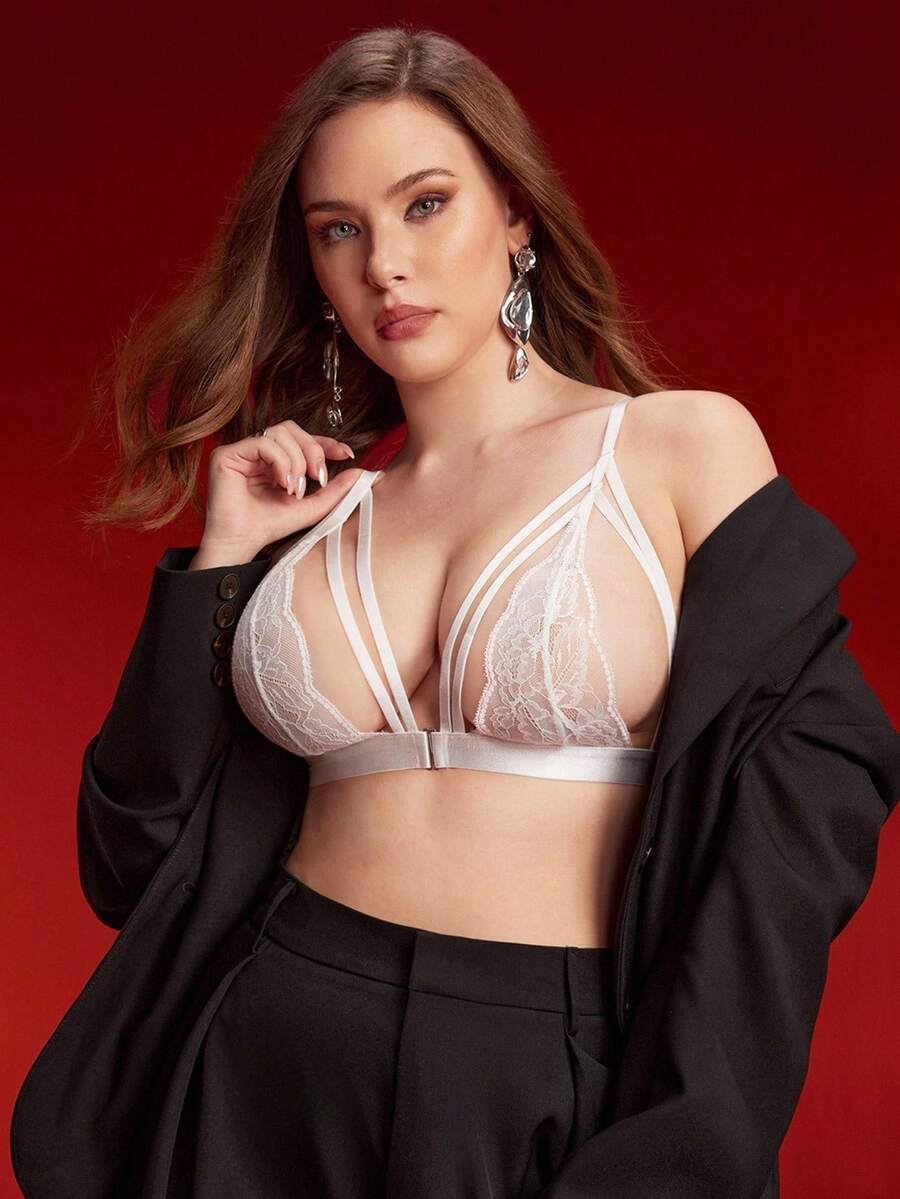 Women Front Closure Lace Cut Out Cup Sexy Lingerie Bra - White - View 1