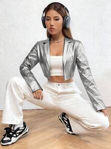 SHEIN Unity 女士银色翻领长袖短款外套