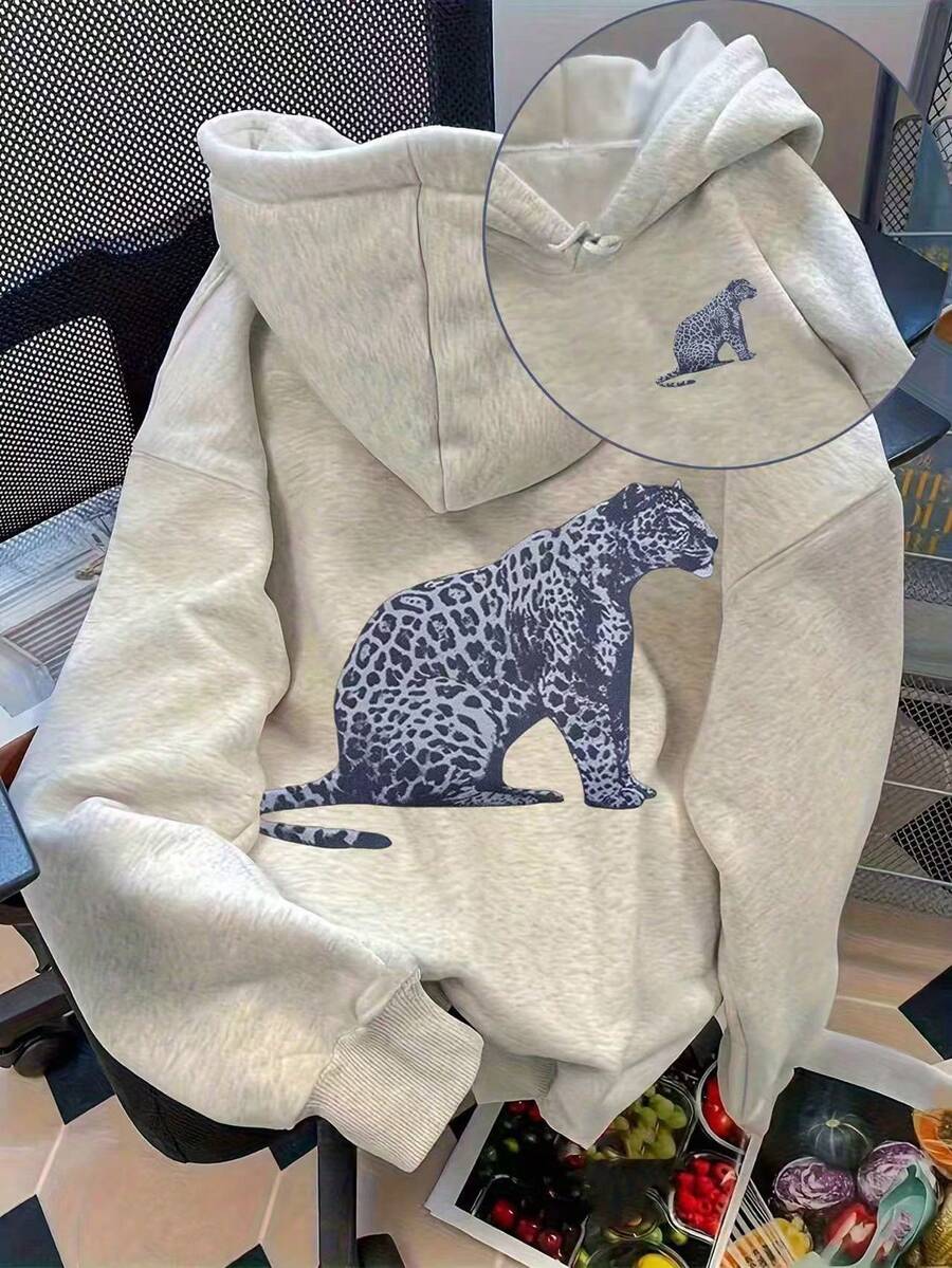 EMERY ROSE Plus Size Women's Casual Leopard Print Drop Shoulder Sweatshirt With Thermal Lined, Autumn/Winter - Light Grey - View 1