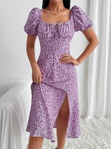 Chiquease 方領碎花前繫帶高衩連衣裙 - 紫丁香色 - 查看 3