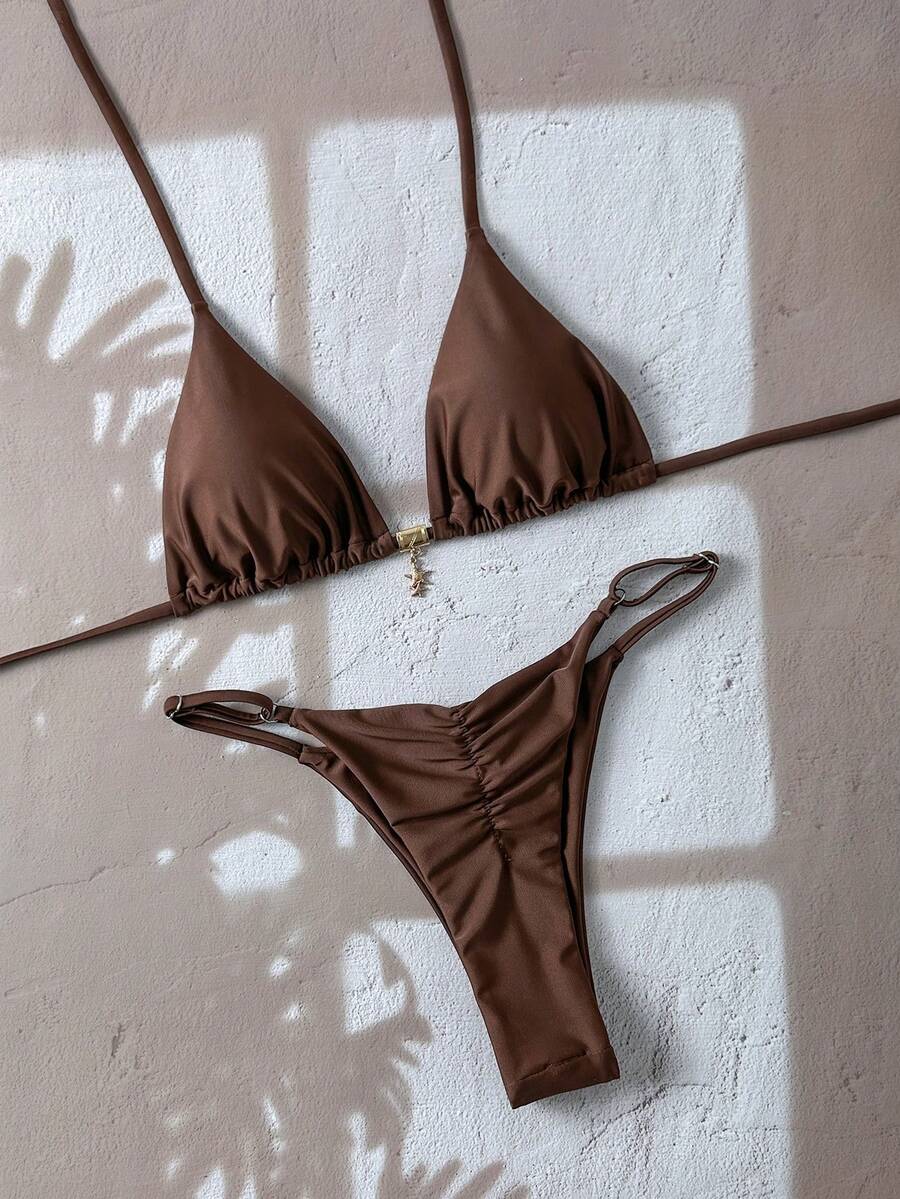 Swim Vcay Springbreak Women's Solid Color Halter Metal Pendant Swimwear Sexy Thong Bikini Set - Coffee Brown - View 1