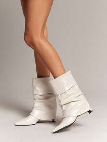 SHUZIA Women's Glamorous Sexy Pointy Toe Block Heel Mid-Calf Slouchy Boots For Christmas - White - View 2