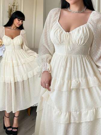 Lyrianda New Elegant Chiffon Textured Polka Dot Bow Decor Bust Cup Puff Sleeve A-Line Dress, Waist Cinched Slimming Ruffle Hem Dress