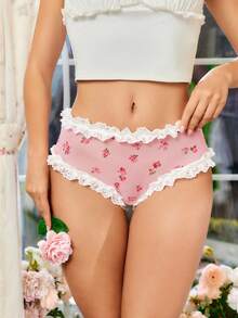 SHEIN Floral Mesh Print Sheer Ruffle Trim Lace Semi-See-Through Romantic Panties For Women - Pink - View 2