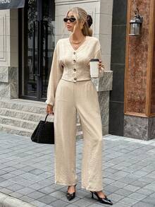 SHEIN Frenchy 女式纯色简约长袖上衣和裤子两件套，休闲日常穿着 - 杏色 - 查看 4