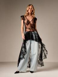 AiiRZ Oversized Lace Mesh Midi Dress With Ruffle Hem Overlay For Evening Cocktail Party Occasions