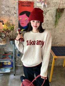 DAZY 女士圆领字母图案长袖毛衣 - 杏色 - 查看 6