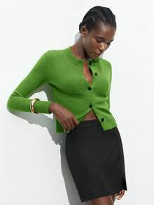 Maija Women's Elegant Solid Green Round Neck Button Front Long Sleeve Casual Pullover Sweater, Versatile For Christmas, Daily Wear, Business Casual - Green - View 3