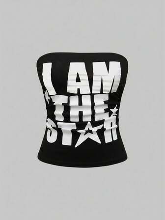 Kawaii Débardeur court froncé à la taille avec slogan et imprimé étoile style Y2K en fuchsia pour femmes