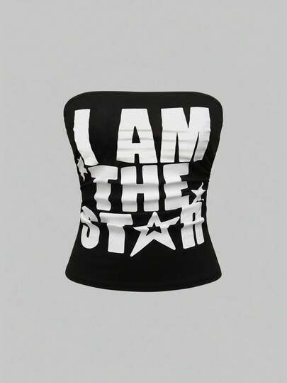 Kawaii Y2K Style Fuchsia Slogan & Star Print Ruched Waist Cropped Camisole Top For Women