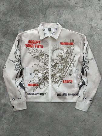 Street Life Men's Khaki Corduroy Jacket With Angel Print Pattern, Autumn/Winter