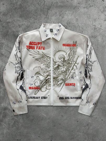 Street Life Men's Khaki Corduroy Jacket With Angel Print Pattern, Autumn/Winter