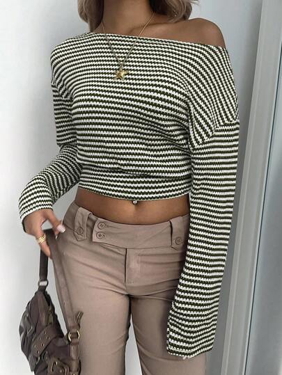 Aloruh New Fashionable Asymmetrical Shoulder Casual Striped Long Sleeve T-Shirt, Asymmetric Shoulder Design, Loose Top, Tight Bottom, Slimming, Apricot Color