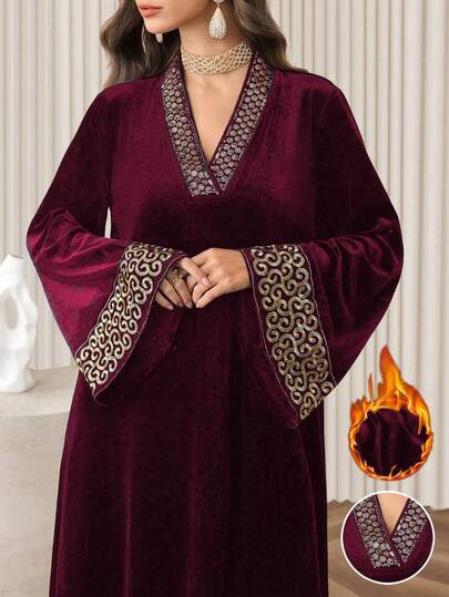 Al Najma Abito da festa aderente e svasato in velluto nero con scollo a V, ricamato con paillettes, elegante per l'autunno/inverno