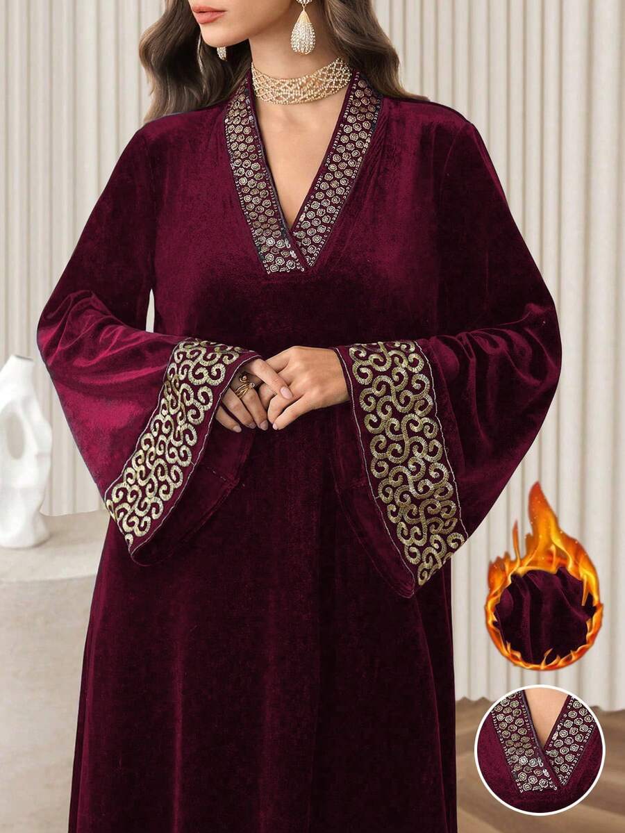 Al Najma Váy dự tiệc dáng suông thêu sequin cổ chữ V nhung đen, thanh lịch cho mùa thu/đông - Màu Đỏ Sâu - Xem 1