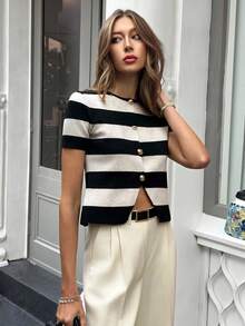 Serisse Women's Contrast Stripe Button Front Short Sleeve Knit Top New Year ,Party,Christmas Summer,Fall,Fall Clothes For Women,Winter Clothes For Women Casual - Apricot - View 7