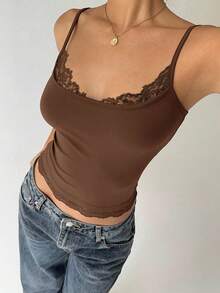 Aloruh Casual Versatile Solid Color Lace Trim Camisole, Summer Everyday Coffee Brown - Coffee Brown - View 4