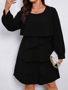 SHEIN New Stylish Loose Fit Ruffle Hem Long Sleeve Round Neck Plus Size Cake Dress, Spring/Autumn Plus Size Ruffle Dress - Black - View 3