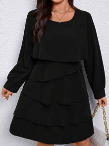 SHEIN New Stylish Loose Fit Ruffle Hem Long Sleeve Round Neck Plus Size Cake Dress, Spring/Autumn Plus Size Ruffle Dress - Black - View 5