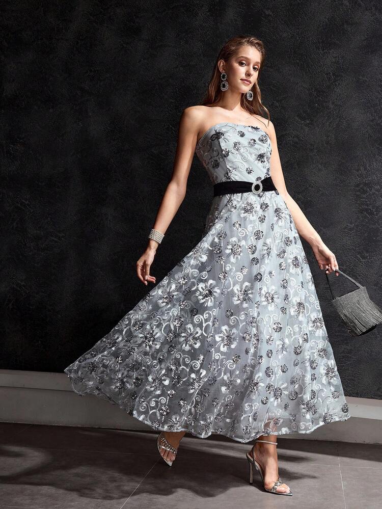 MOTF Soiréza WOMEN'S CONTRAST SEQUIN FLORAL EMBROIDERY MESH OVERLAY A-LINE TUBE COCKTAIL DRESS WITHOUT BELT