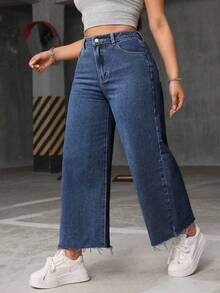 SHEIN ICON Celana Jeans Longgar Kasual Wanita Ukuran Besar dengan Saku dan Ujung Berumbai - Medium Wash - View 5
