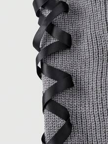 ROMWE Pulover pentru femei cu umeri goi, dantelă contrastantă, panglică laterală și șnur - Gri - Vizualizare 3