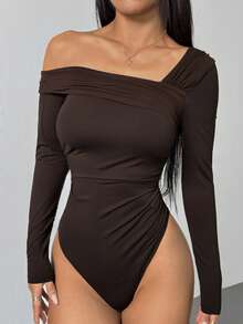 SHEIN PETITE Women's Casual Versatile White Solid Asymmetric Neck Ruched Long Sleeve Bodysuit - Brown - View 1