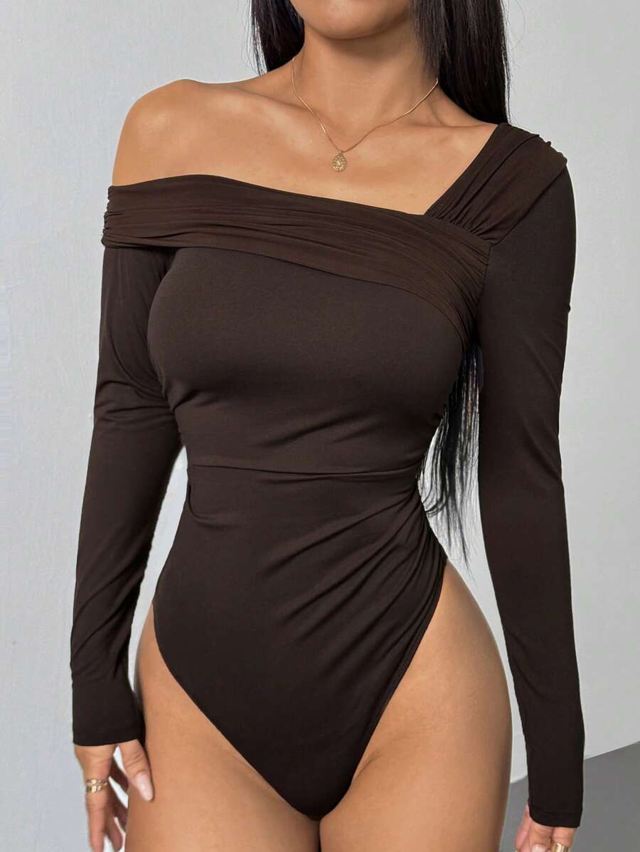 SHEIN PETITE Women's Casual Versatile White Solid Asymmetric Neck Ruched Long Sleeve Bodysuit - Brown - View 1