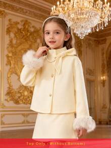 Tween Girl Fashionable Beige Stand Collar Detachable Bow Metal Button Short Faux Fur Cuff Overcoat Fall Winter - Beige - View 1