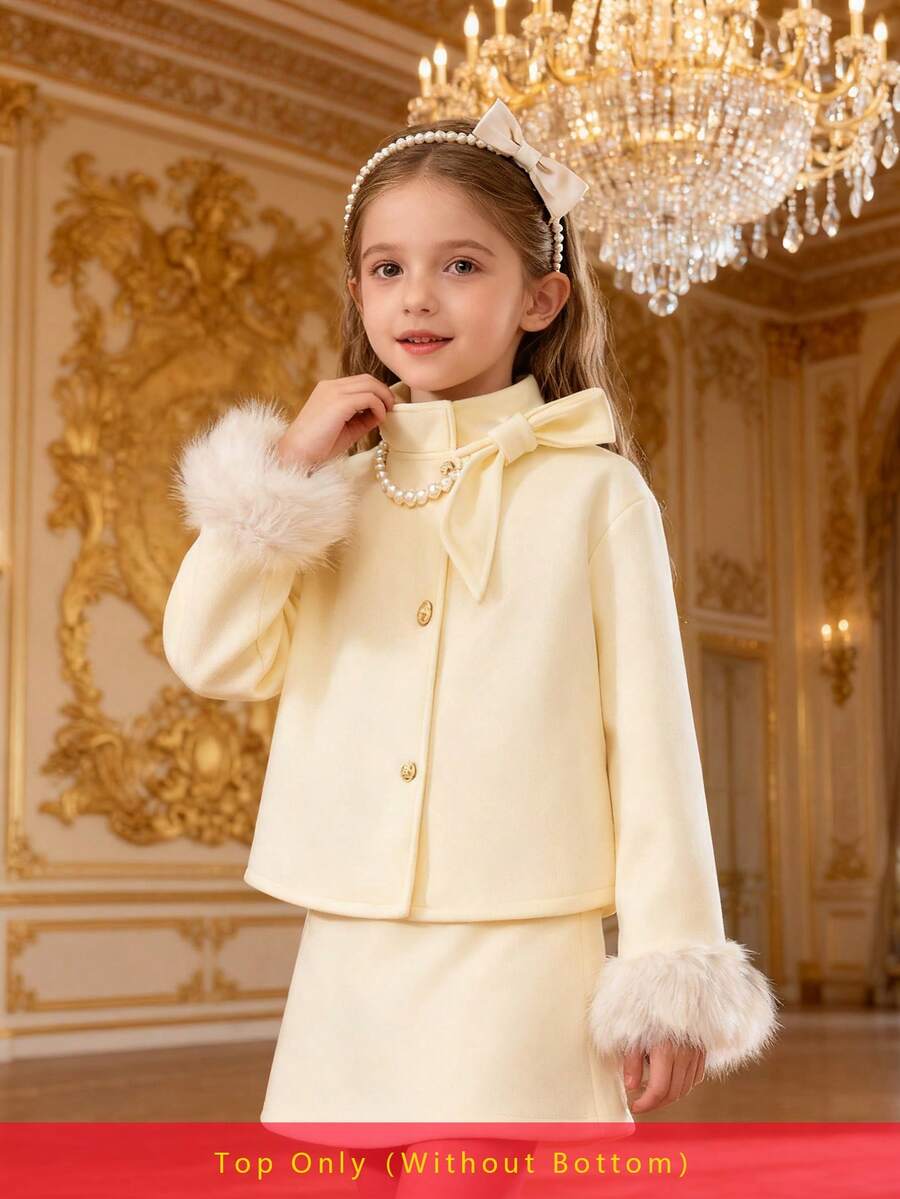 Tween Girl Fashionable Beige Stand Collar Detachable Bow Metal Button Short Faux Fur Cuff Overcoat Fall Winter - Beige - View 1