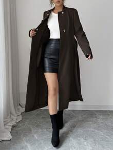 Elenzga 女士优雅通勤工作大衣，秋冬新款，简约双排扣设计，大地色系棕色收腰长袖中长款大衣 - 棕色 - 查看 7