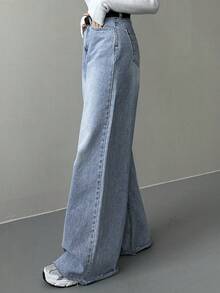 DAZY 女式低腰阔腿牛仔裤，修身直筒宽松休闲全长牛仔裤，秋冬 - 藍色 - 查看 5
