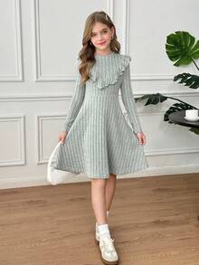 SHEIN Tween Girl Ribbed Stand Collar Ruffle Trim Fitted Knit Dress - Mint Green - View 6
