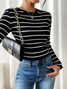 SHEIN Frenchy Striped Print Round Neck Casual Fitted Long Sleeve T-Shirt Black Spring - Black - View 4