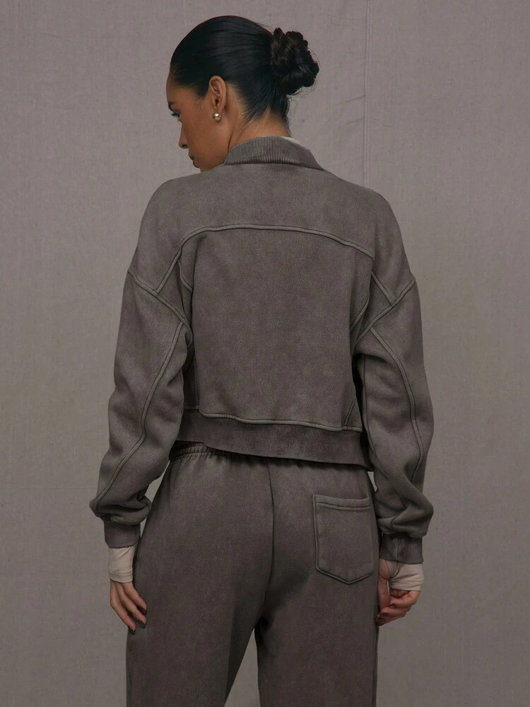 MUSERA Washed Zip Through Jacket Sweatshirt Tracksuit Seam Detail Back To School Autmun Winter Cosy Chritmas Cute Casual Everyday Capsule Wardrobe Y2K Streetwear Spring - Dark Grey - View 2