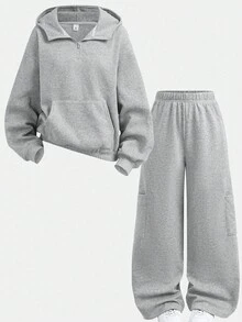 SHEIN Girlism 少女两件套纯色长袖拉链连帽衫和长裤，休闲宽松版型，灰色花卉图案套头连帽衫和宽松运动裤休闲运动套装，秋冬季运动服