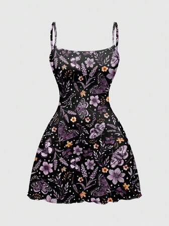 Fairycore Dark Mysterious Bohemian Floral & Butterfly Print Mini Dress For Women