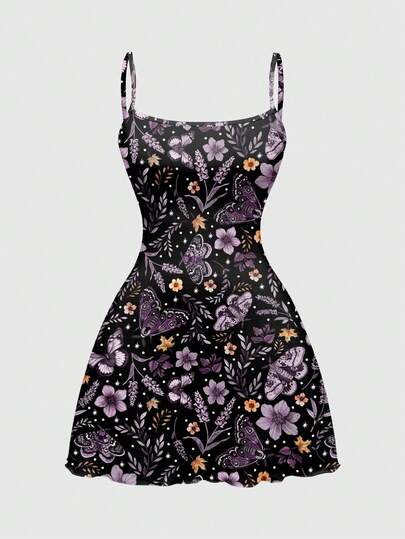 Fairycore Vestido mini con estampado floral y de mariposas bohemio y misterioso para mujeres