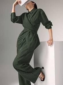 Heiryn 收腰、裹身、韩式风格、复古风、百搭通勤休闲两件套衬衫 - 軍綠色 - 查看 3