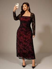 Auralis 女士秋冬新款天鹅绒提花镂空网眼浪漫约会度假长袖蕾丝长裙/褶饰紧身修身喇叭裙大码连衣裙/黑红深色优雅礼服 - 彩色 - 查看 4