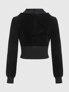 ROMWE Goth Baddie Casual Y2K Rhinestone Cross Front Zipper Hoodie & Flare Pants Set With Tie Bowknot & Velvet Fabric, Stretchy Knitted In Solid Black, Women